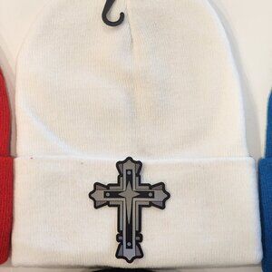 Cross Patched Knit Cuffed Beanie in White.